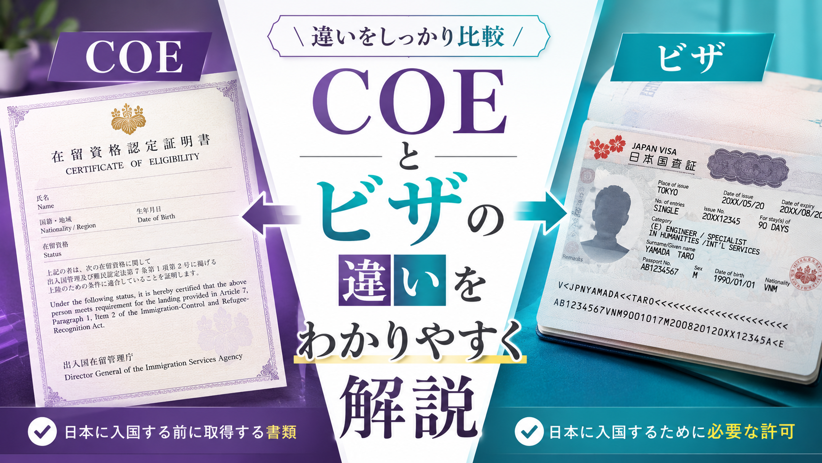 COEとビザの違いを比較するための、在留資格認定証明書と日本ビザを並べたアイキャッチ画像