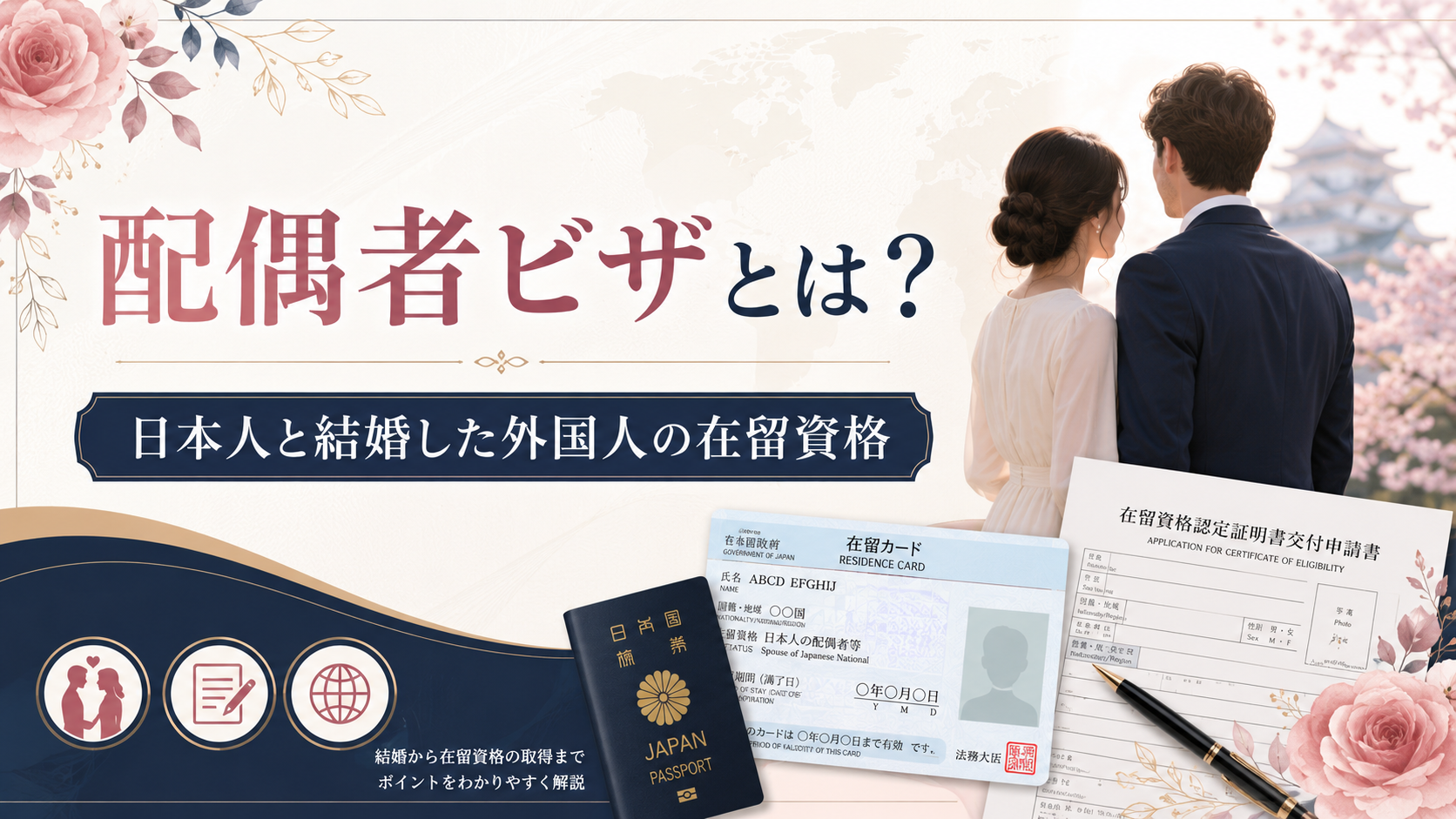 配偶者ビザと国際結婚について、日本人の配偶者等の在留資格、必要書類、生活基盤を確認するアイキャッチ画像