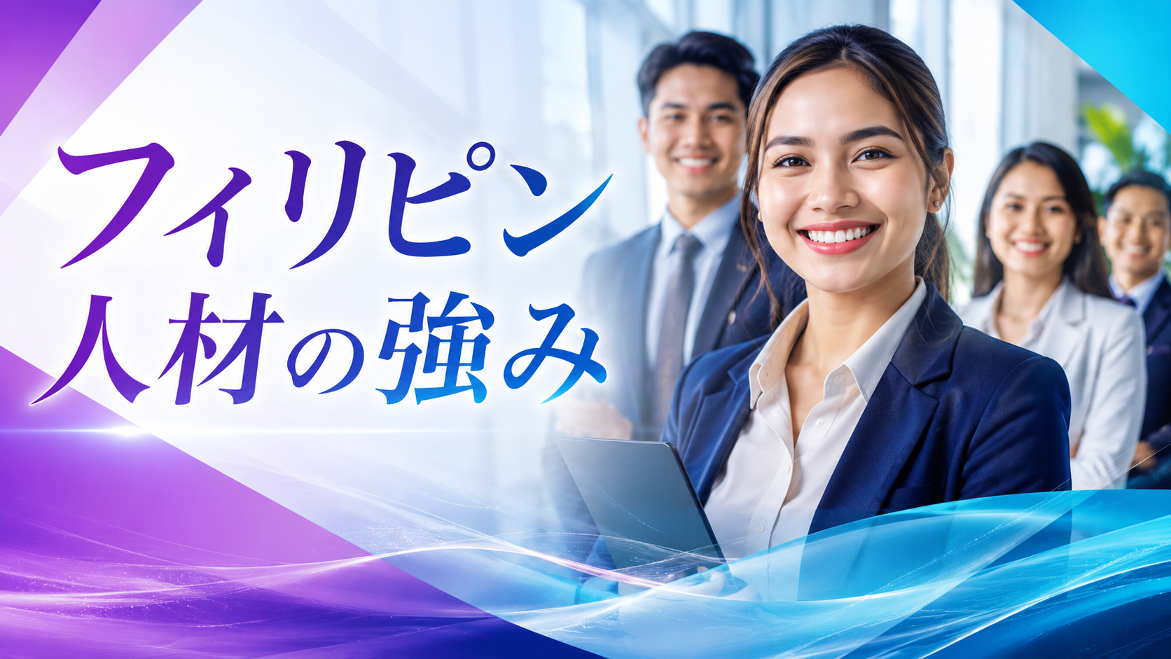 フィリピン人材の強みについて、語学力、コミュニケーション力、国際業務、外国人雇用を表現したアイキャッチ画像
