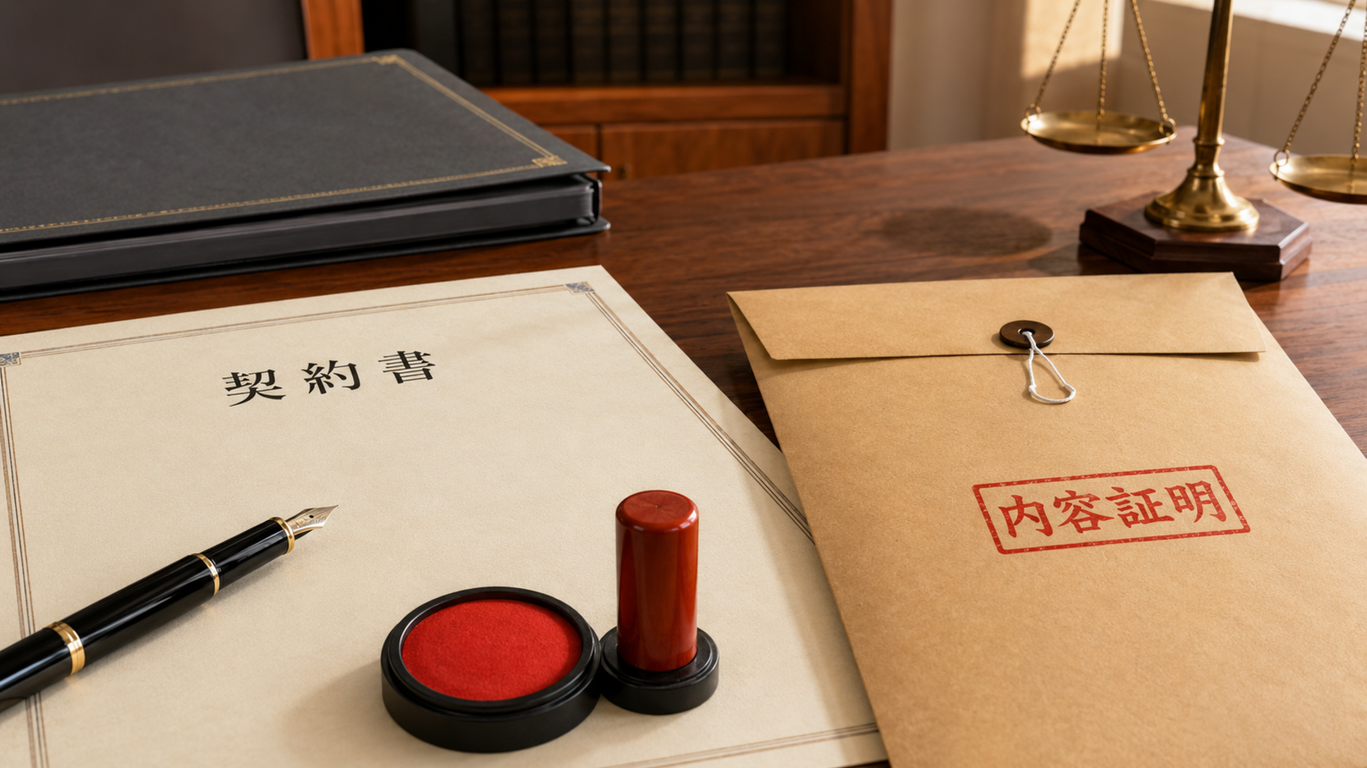 内容証明郵便と契約書の作成を表す契約書、封筒、印鑑、万年筆のイメージ
