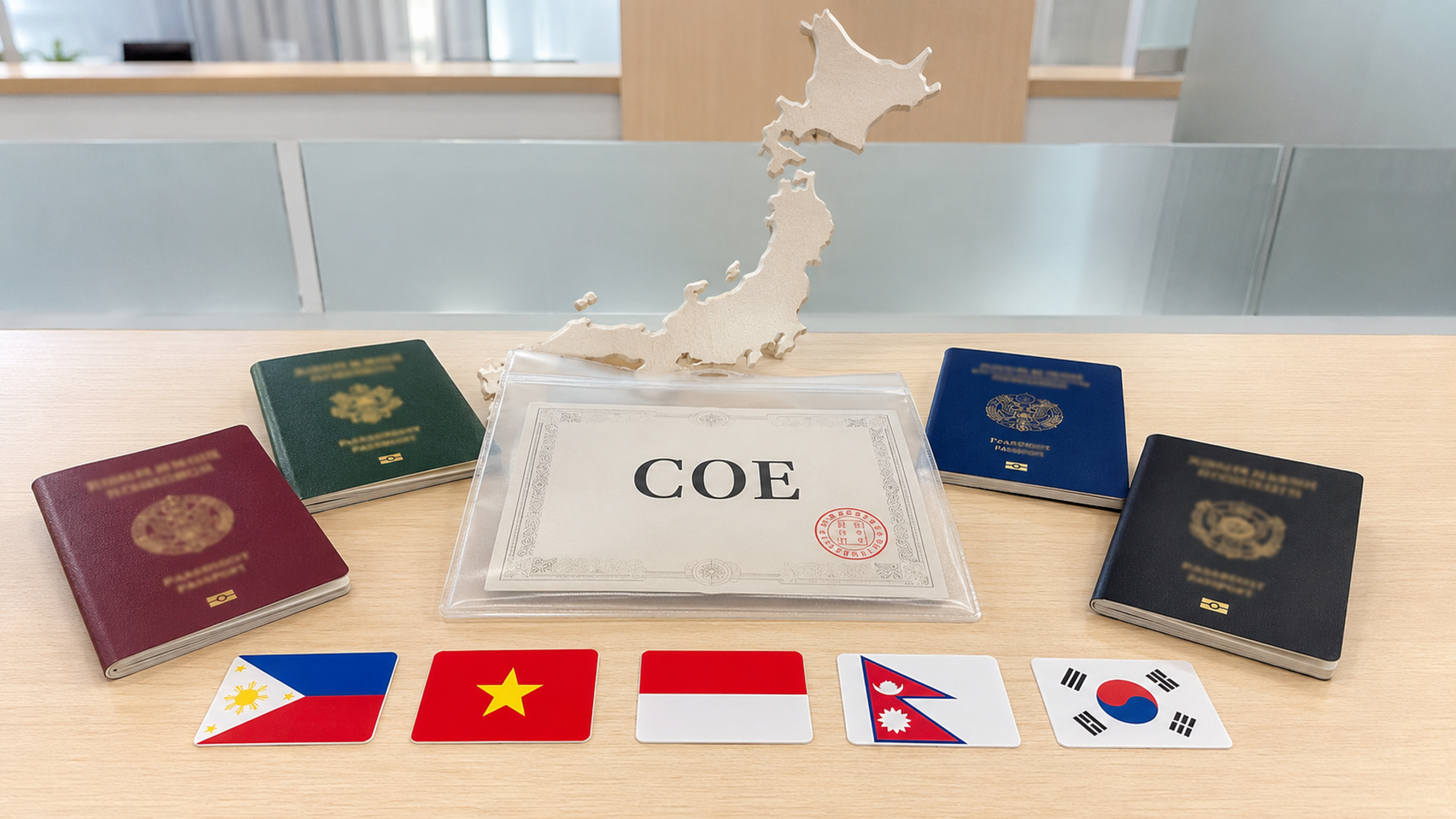 COE・在留資格認定証明書と各国のパスポート、日本地図を表すイメージ