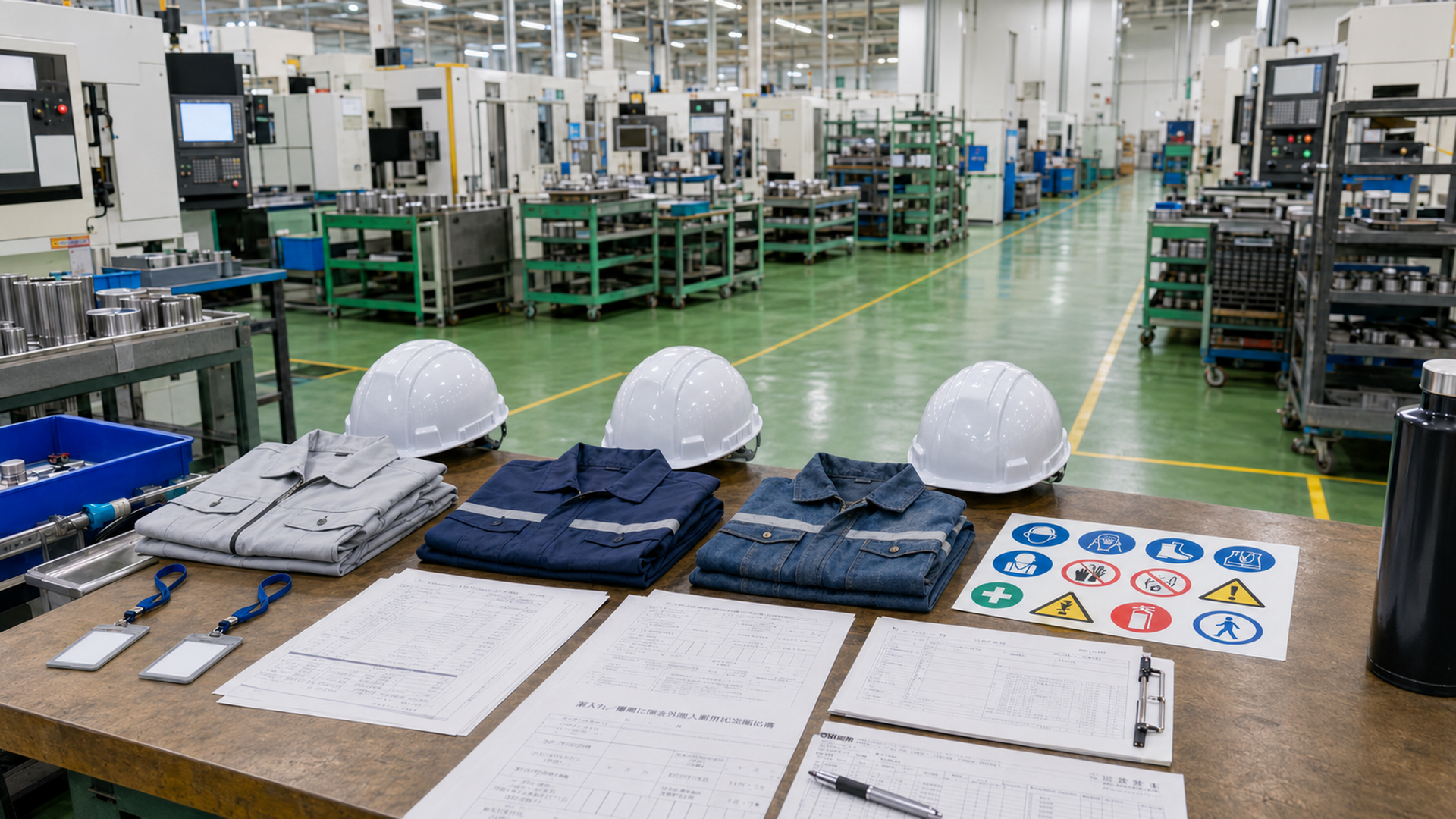 外国人雇用と受入れ準備を表す工場、作業服、安全用品のイメージ