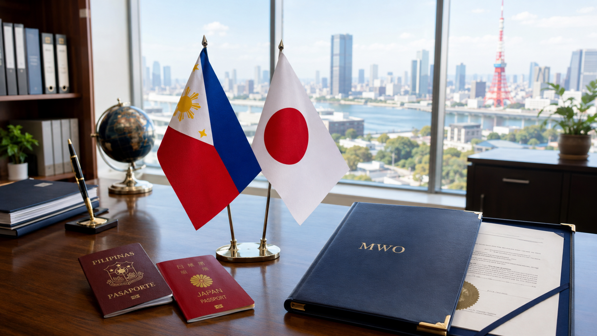 日本とフィリピンの国旗、パスポート、MWO申請書類を表すイメージ