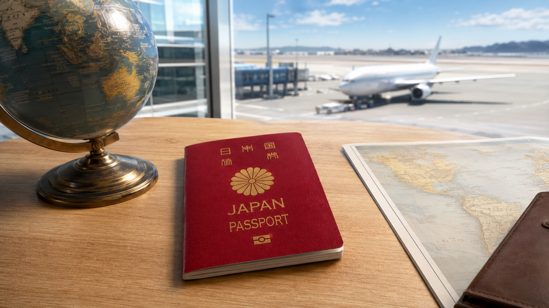 VISA・在留資格・永住・帰化などの国際手続きを表す日本のパスポートと地球儀、空港のイメージ