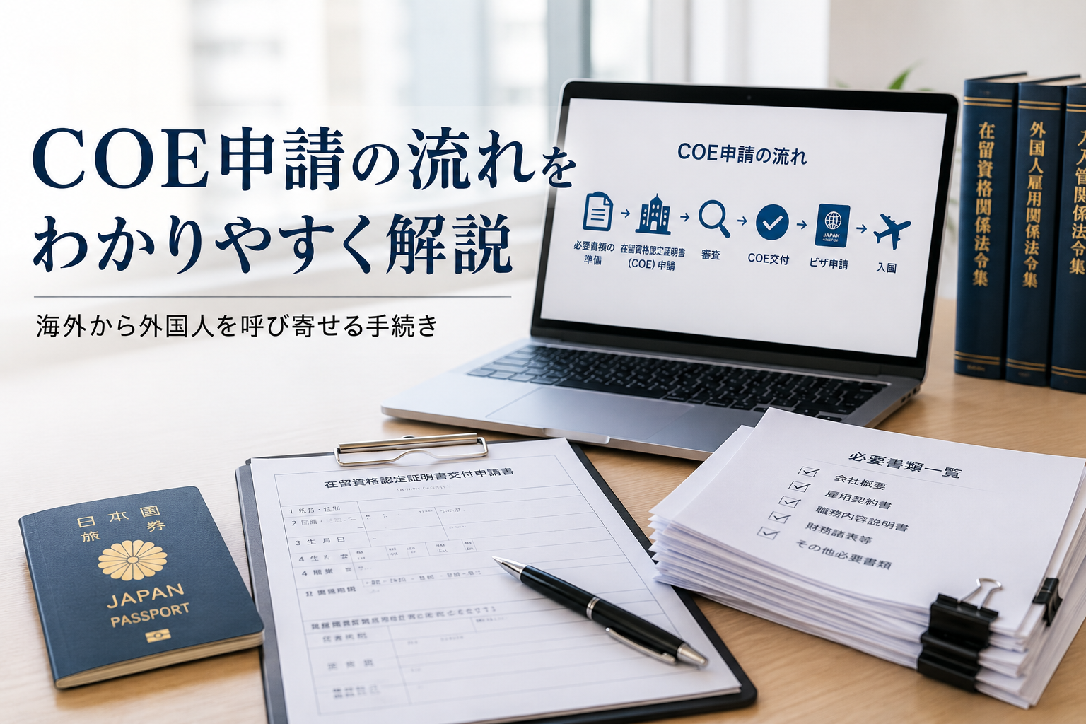 海外から外国人を日本へ呼び寄せる際のCOE(在留資格認定証明書)申請の流れをイメージした画像